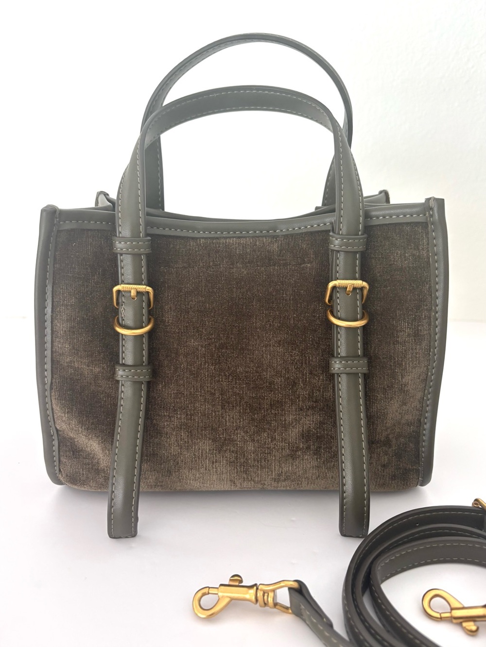 Zara Velveteen Mini Tote Bag NWT Dark Olive Removable Crossbody Faux Leather